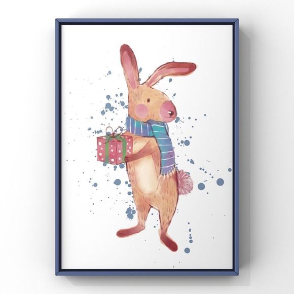 Christmas Animal Wall Art Winter Holiday Bunny with gift home decor art Print - Picture 4 of 4